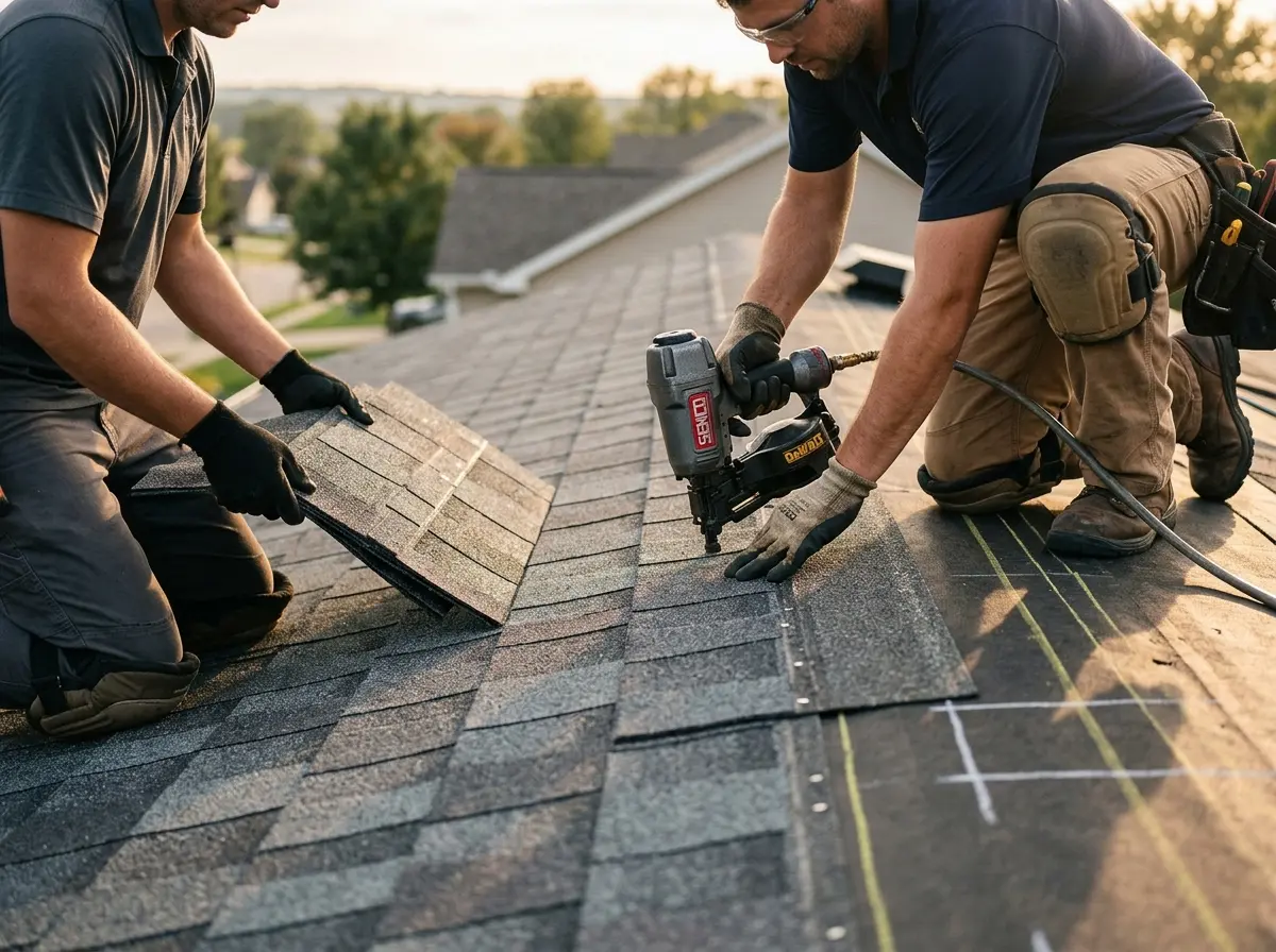 Professional roofer working on a residential roof in Floyds Knobs